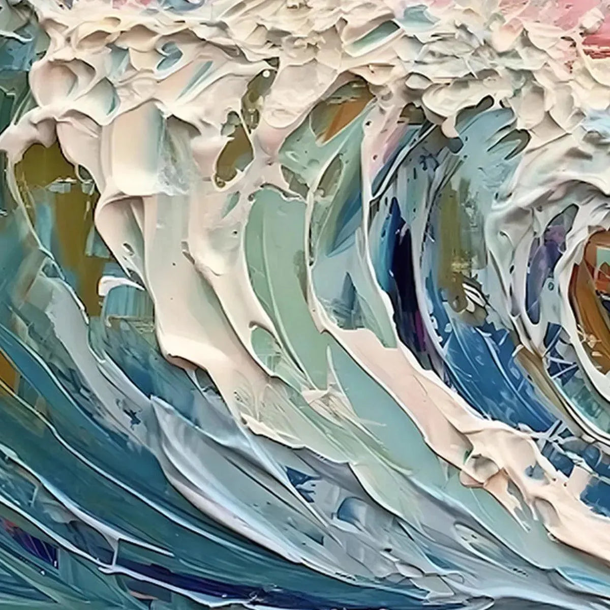 CORAL CREST: Original textured impasto ocean wave painting in pink and blue by Liam O'Connell.