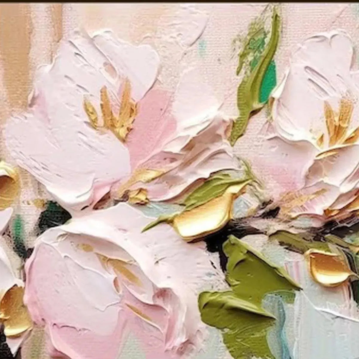Golden Blush impasto painting: close-up of textured pink flowers with gold accents and green leaves.