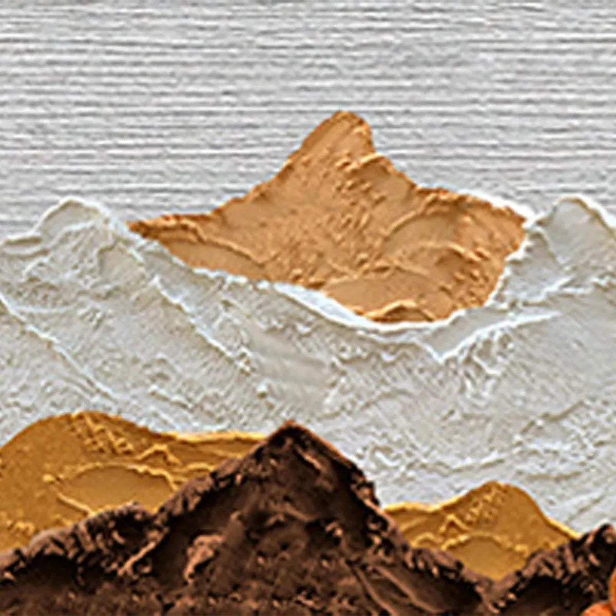 Textured mountain peaks painting in brown, white, ochre. Liam O'Connell art, Wabi Sabi style, showing product texture.