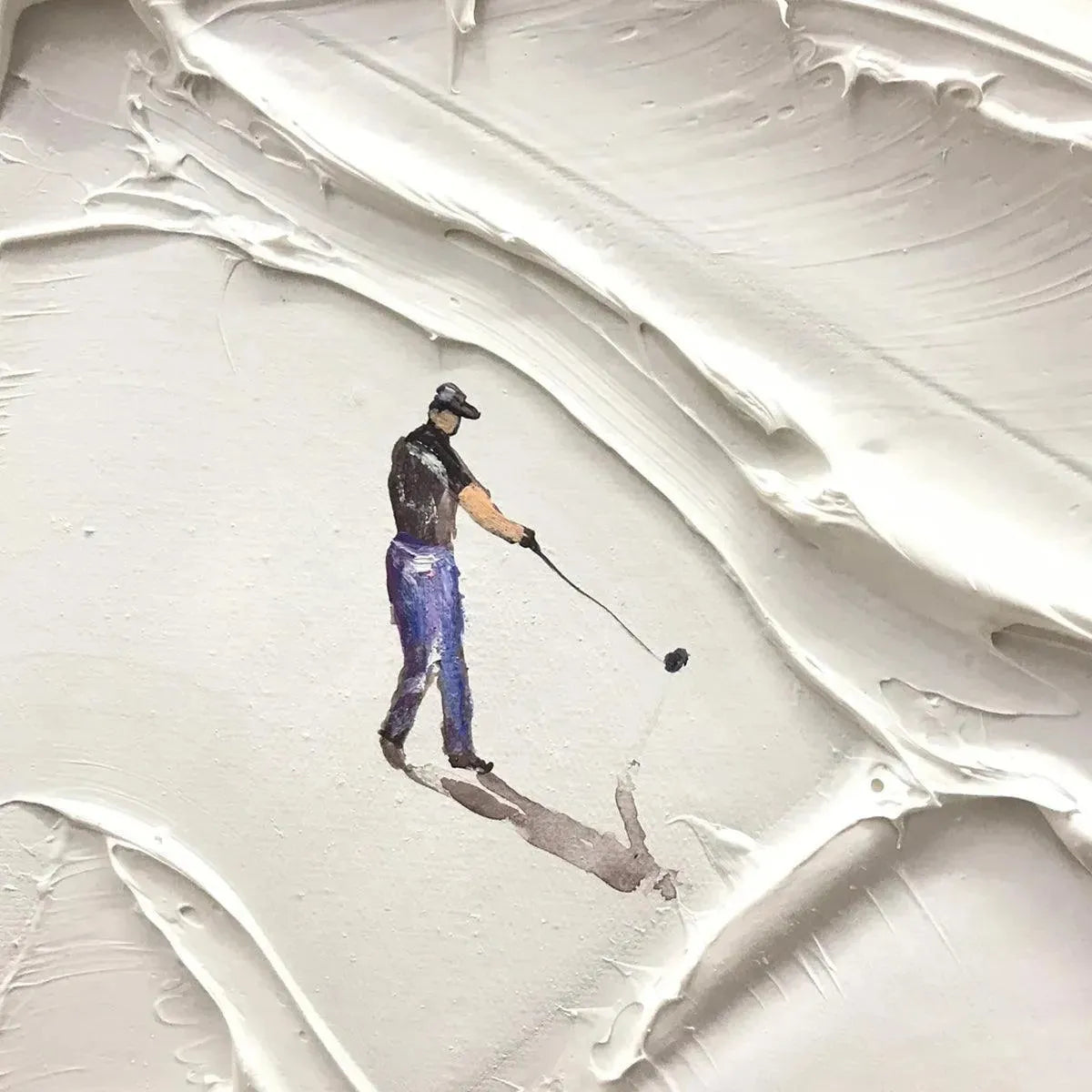 Textured impasto painting of a golfer in black shirt and blue jeans on a white landscape, by Liam O'Connell.