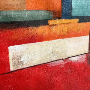 Urban Geometry abstract painting detail: red, orange, teal geometric shapes with thick impasto texture.