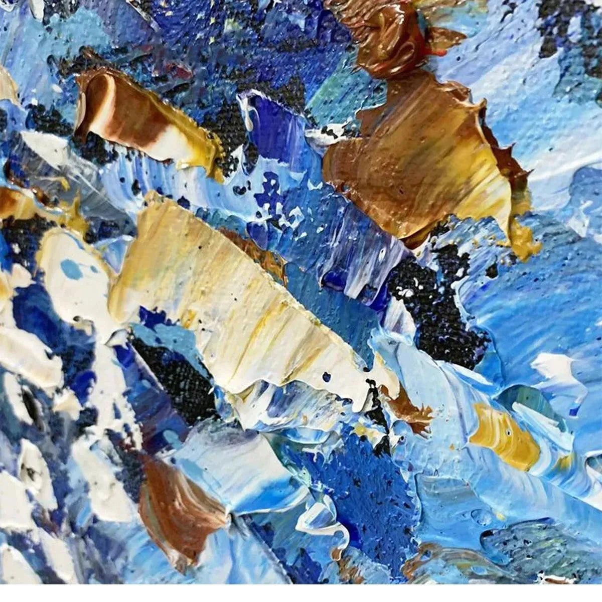 Blue Dunes coastal painting detail: close-up of thick impasto brushstrokes in vibrant blues, sand tones, and creamy whites.