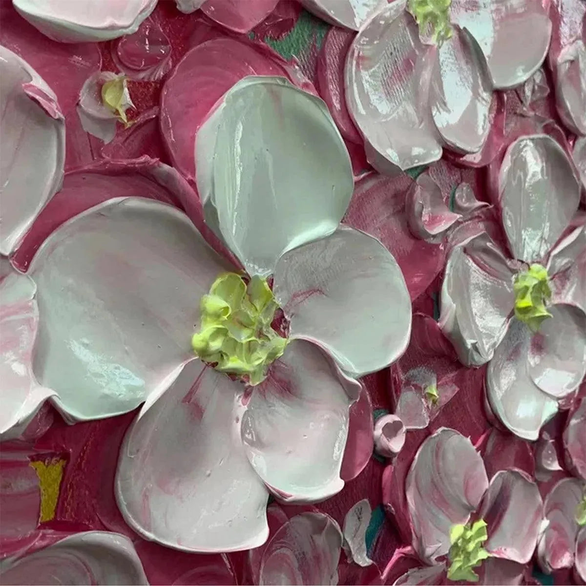 Close-up textured impasto Pink Blossom Dream painting showing white floral petals with lime green centers.