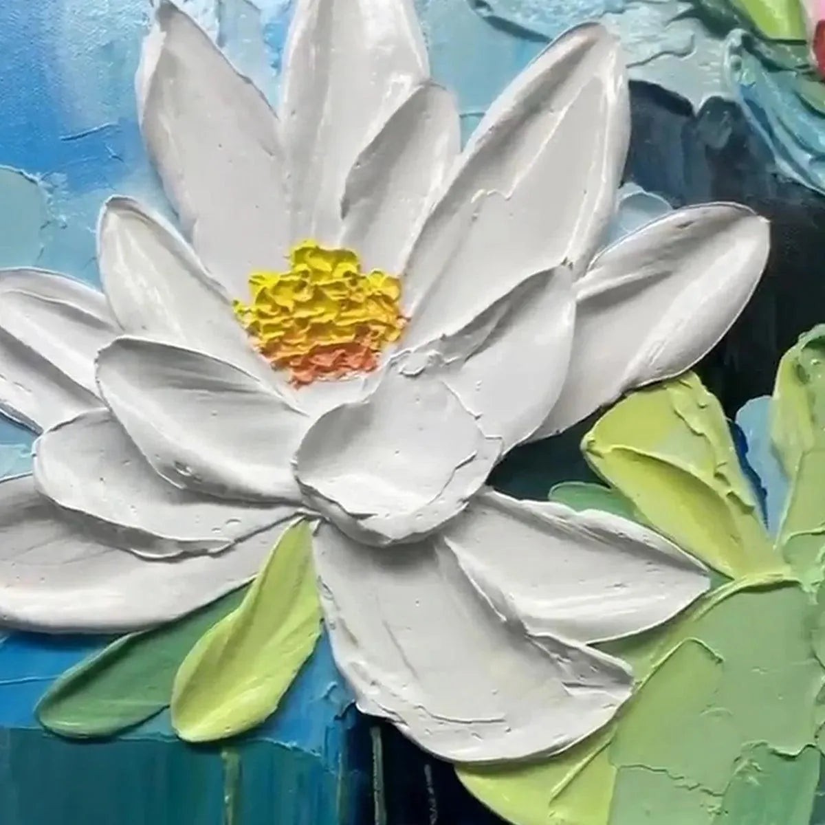 Isabella Rossi's Serene Lotus Pond painting, close-up of white water lily with textured impasto and green lily pads.