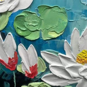 Isabella Rossi's Serene Lotus Pond: Textured impasto painting of water lilies and pads on blue water, horizontal wall art.