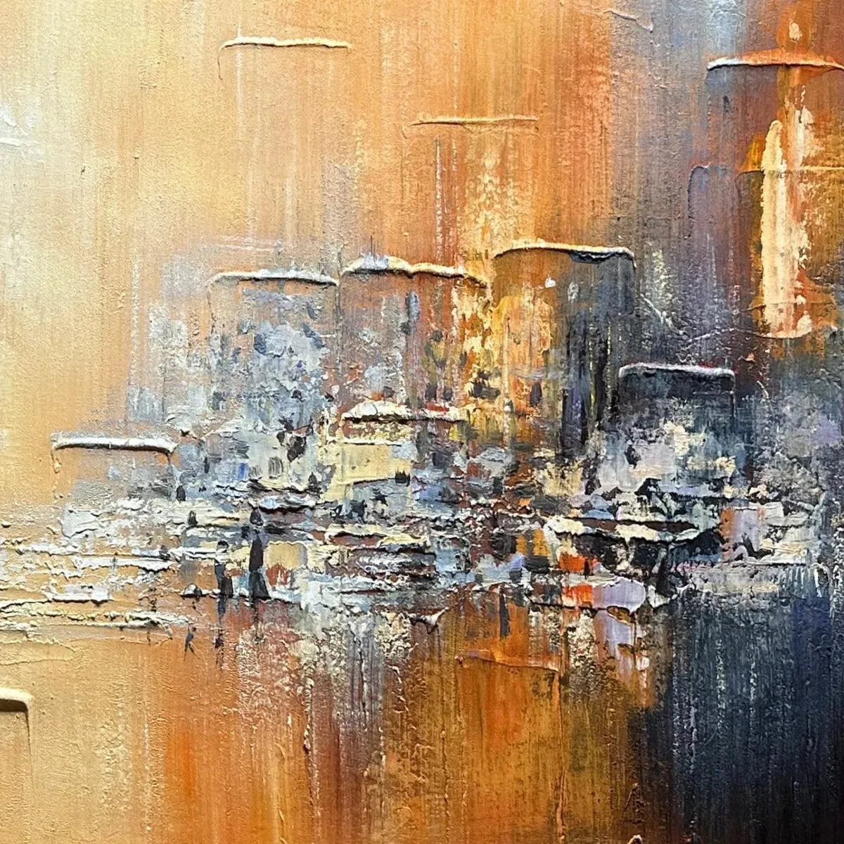 Close-up of Golden City impasto painting, showing textured abstract cityscape with oranges, blues, and golds.