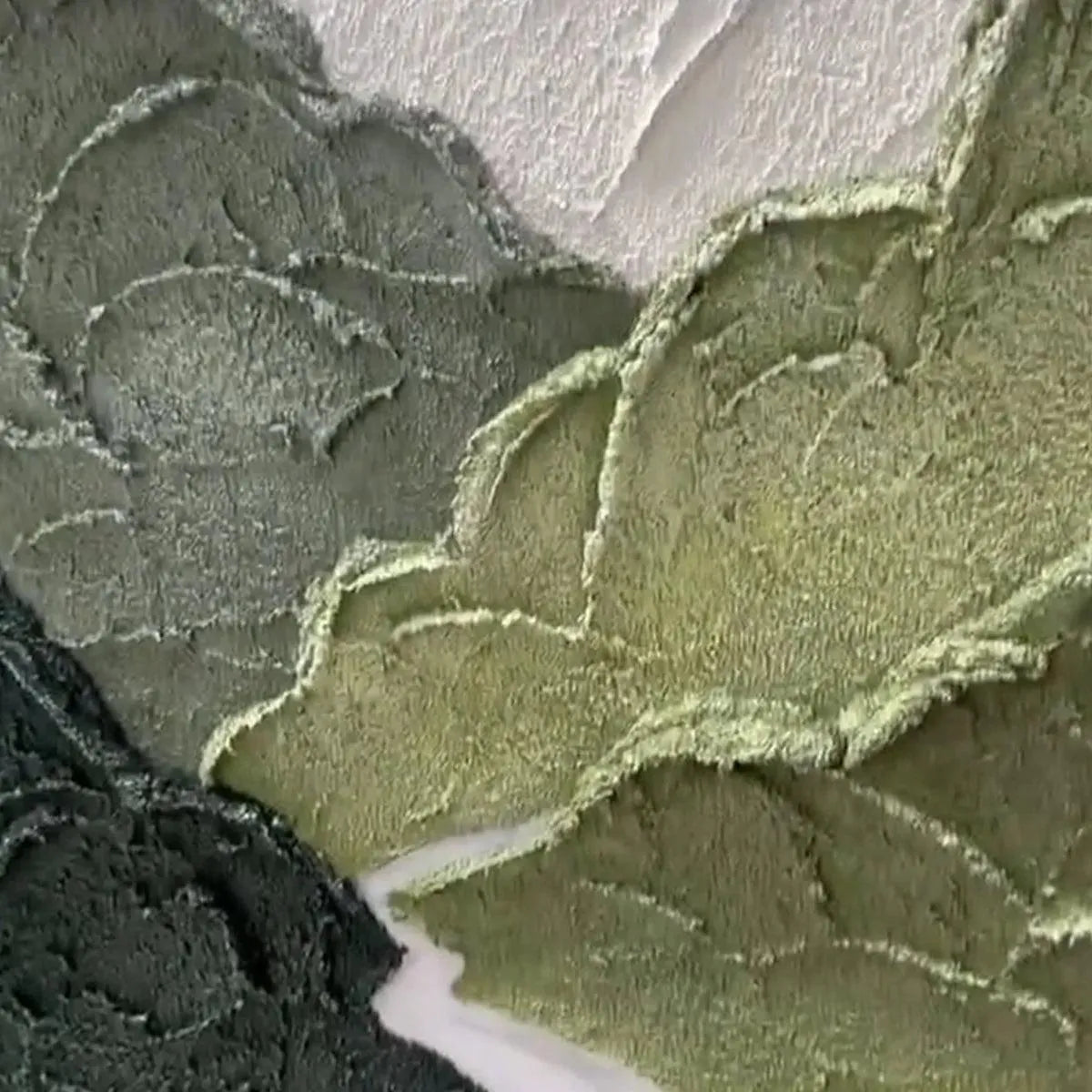 Jade Peak textured painting: close-up of impasto mountain landscape with river in green and white tones.