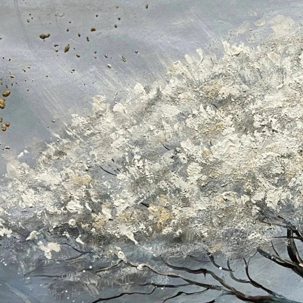 Textured painting: Silver Lining by Liam O'Connell. White and gold tree on grey background, showcasing impasto brushstrokes.