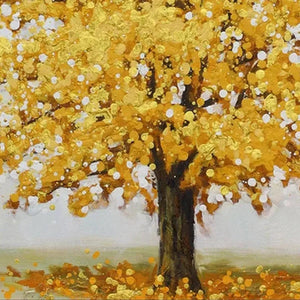 Golden Majesty textured golden tree painting, autumn-inspired wall art by Willow Davies, perfect for living room decor