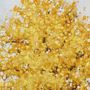 Golden Majesty textured golden tree painting by Willow Davies, square wall art, ideal for living room or bedroom decor.