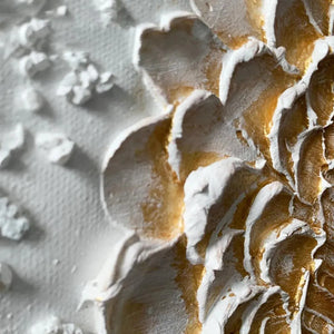 Textured gold and white Golden Harmony abstract painting by Javier Ramirez. Modern, textured square wall art.