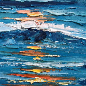 Textured oil painting of ocean sunset with thick impasto strokes, featuring blue waves and orange & gold reflections.