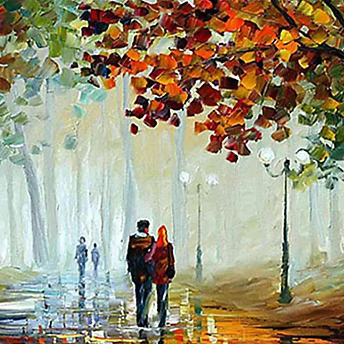 Impressionist painting of a couple walking in an autumn park, warm fall foliage, lampposts, wet path, wall art.
