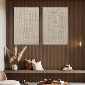 Textured Grid Duo beige abstract paintings by Javier Ramirez, minimalist texture for modern living room decor.