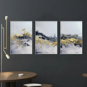Gold & Grey Abstract Triptych: 3 vertical paintings, textured impasto with gold, grey, and white abstract strokes.