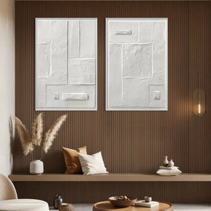 White Textured Squares Diptych by Javier Ramirez, minimalist white artwork, vertical wall art for modern living room decor