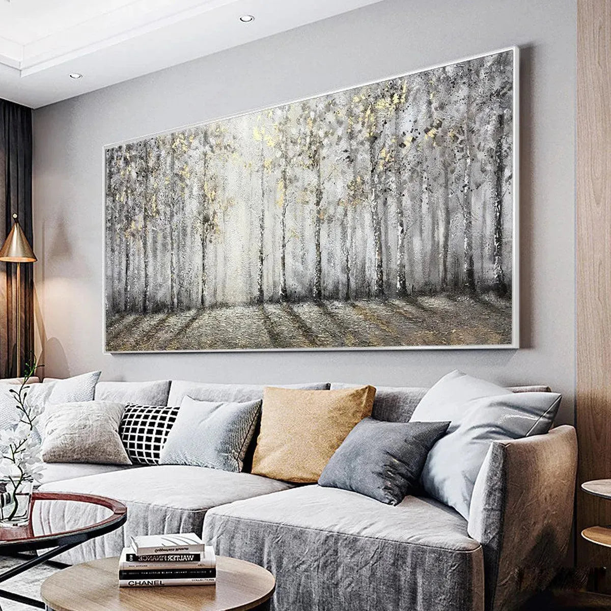 GOLDEN BIRCHWOOD: Panoramic Birch Forest Landscape Oil Painting with Gold Accents