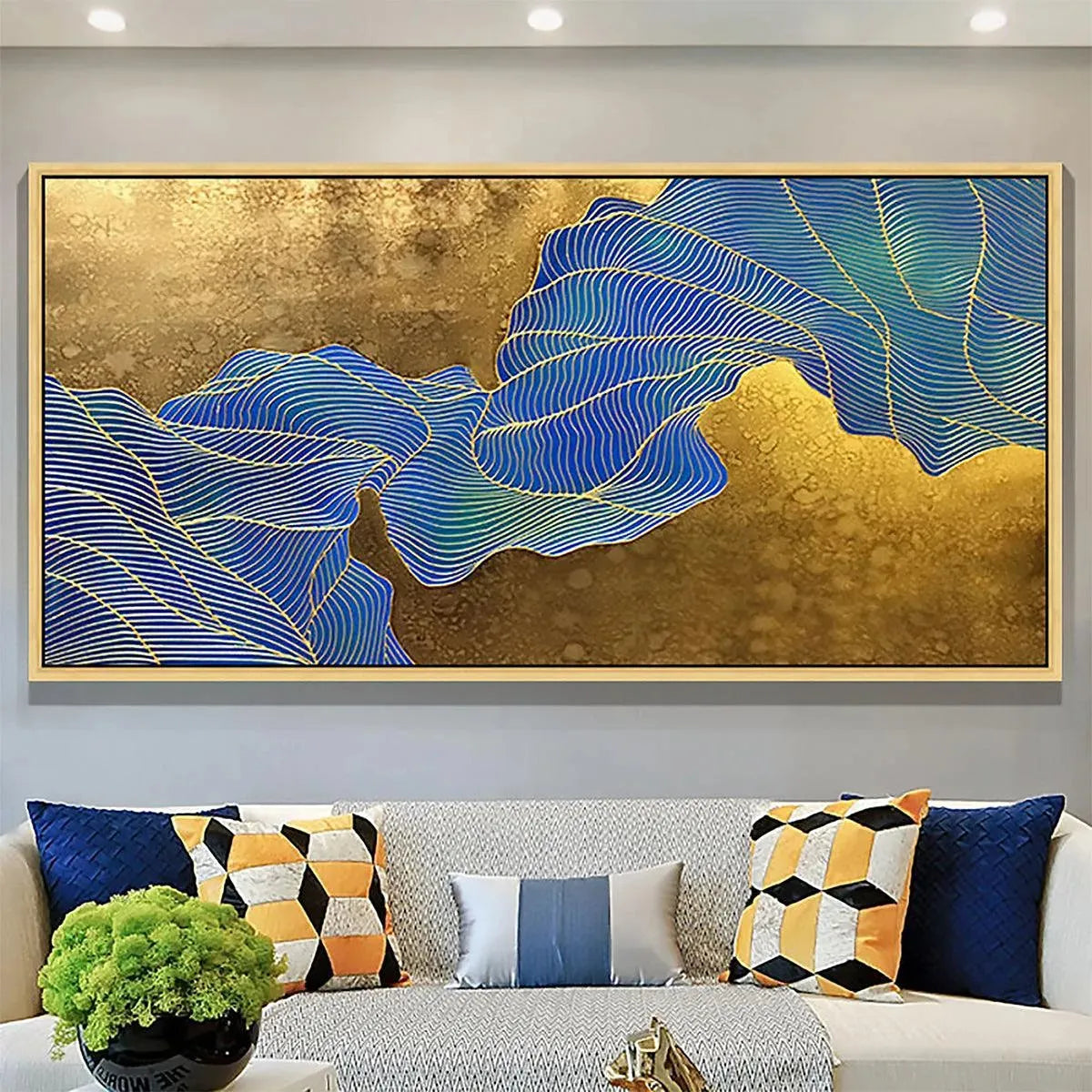 GOLDEN FLOW: Abstract Blue and Gold Oil Painting