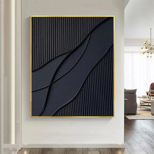 Javier Ramirez Black Textured Waves art, minimalist black painting, gold frame, modern wall decor.