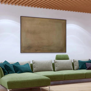 Earthy Minimalist Landscape by Liam O'Connell, brown abstract art above green sofa, modern decor.