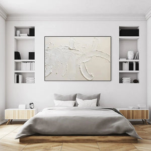 White textured abstract painting by Liam O'Connell, above a bed in a modern bedroom, Wabi Sabi style.