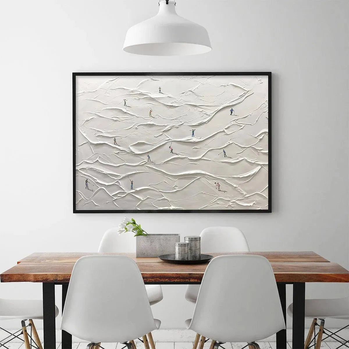 Liam O'Connell's 'White Greens' abstract impasto golf painting displayed in a dining room setting.