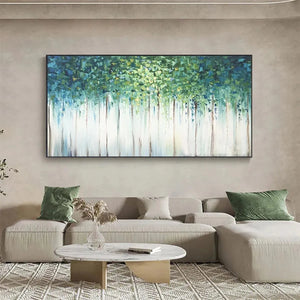 Emerald Forest abstract green-blue painting transforms a modern living room, positioned over a neutral sectional sofa.