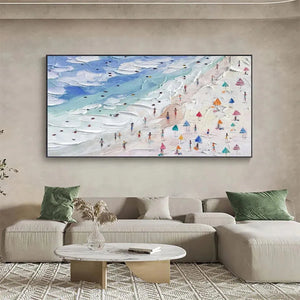 Beach Day Vibes painting by Liam O'Connell: Textured beach scene with figures and vibrant umbrellas, horizontal wall art.