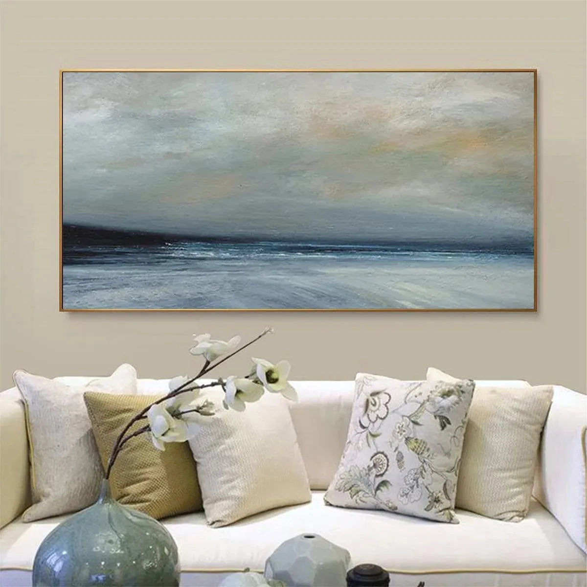 Panoramic coastal painting at twilight by Liam O'Connell, muted blues and grays, horizontal wall art