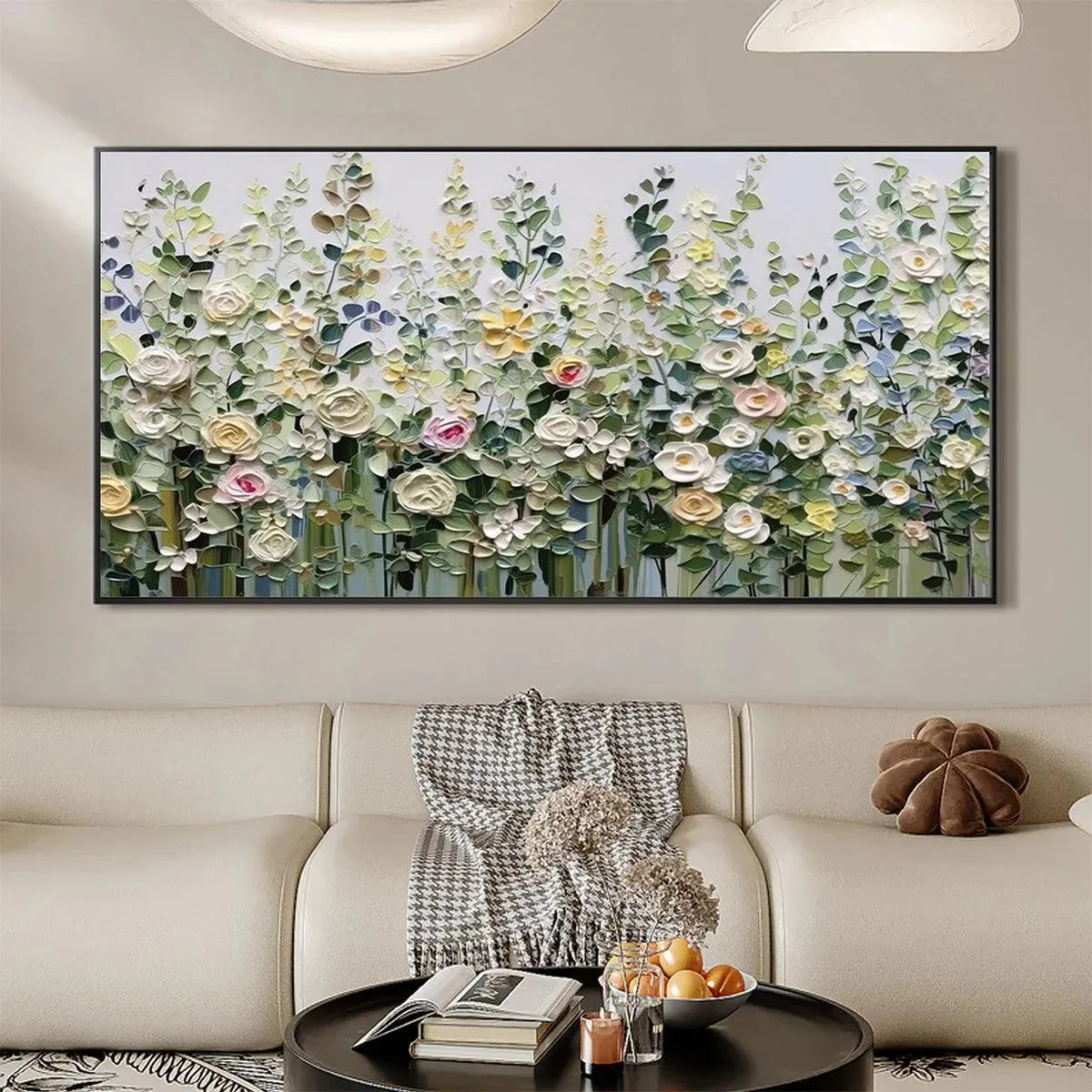 Original impasto painting: SPRING MEADOW floral artwork with roses, wildflowers in cream, pink, yellow, displayed in room.