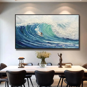 Emerald Surge textured blue ocean wave painting with surfer in dining room lifestyle.