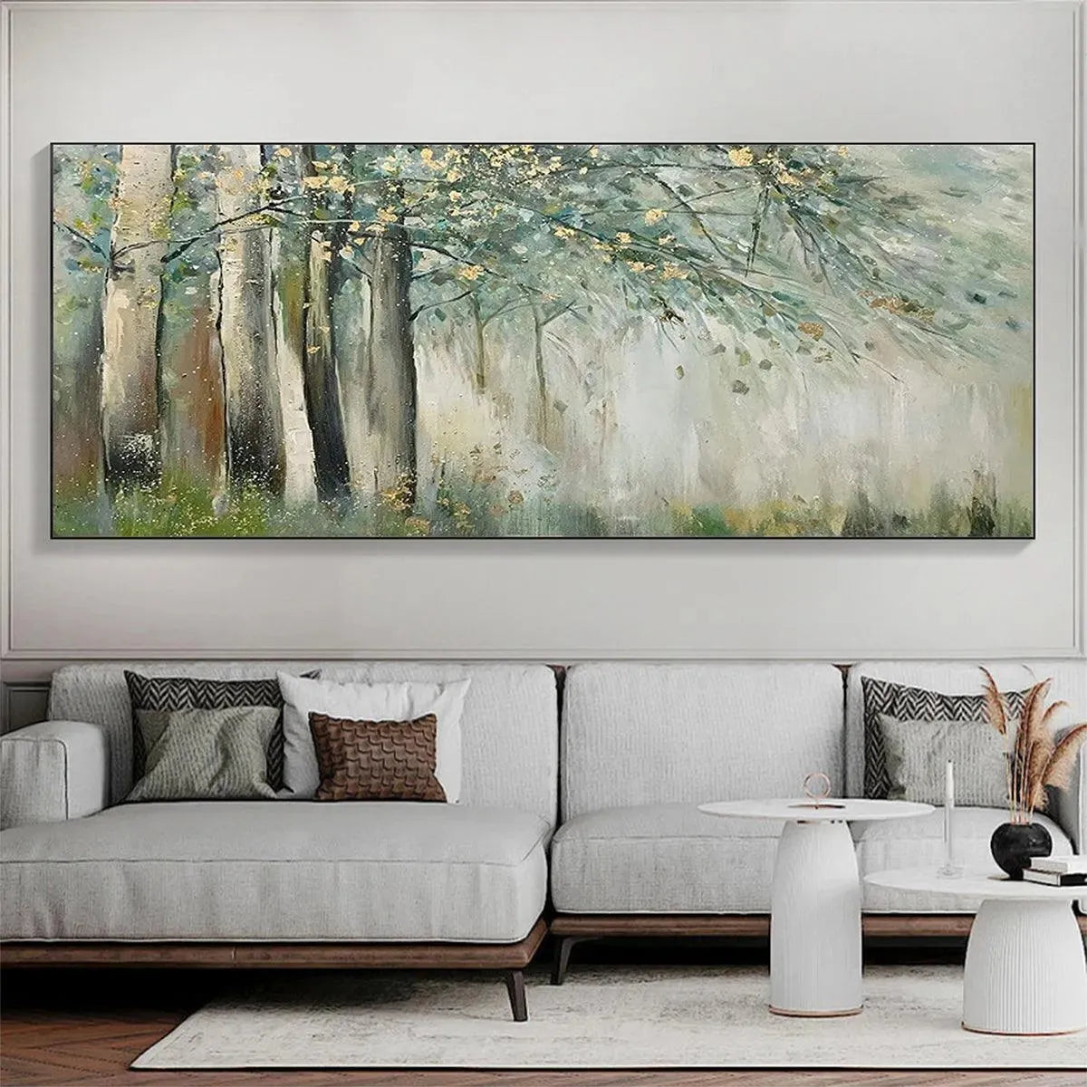 Serene green and gold misty forest landscape painting by Liam O'Connell, displayed in a living room.