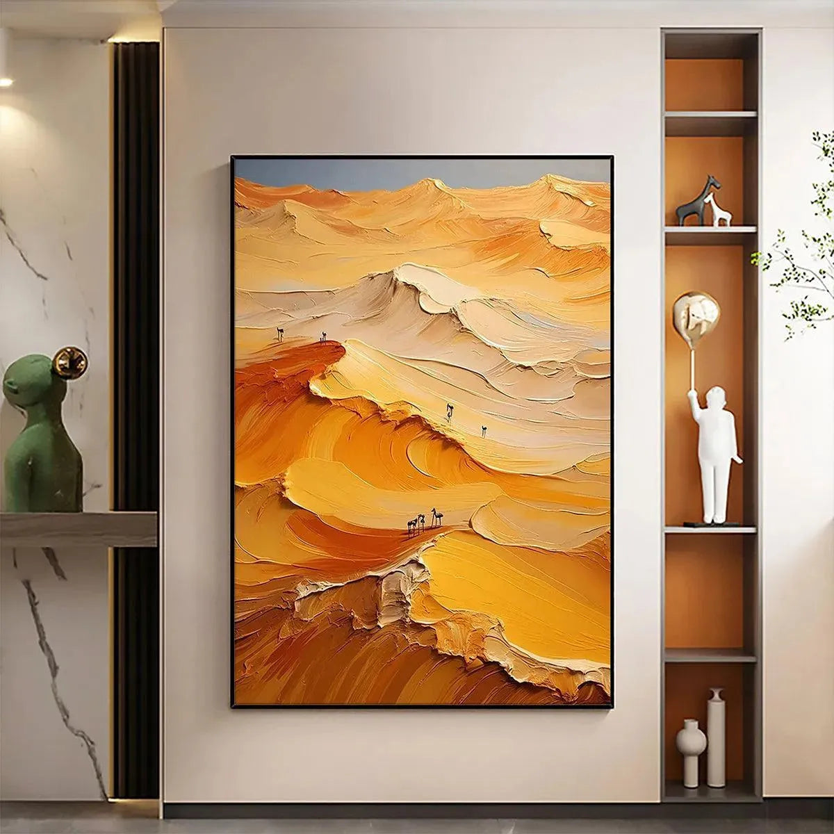 Textured orange desert impasto painting with small figures, vertical artwork for living room.