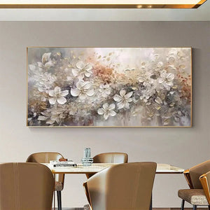 Elodie Dubois impasto painting: textured beige and white floral art in a dining room lifestyle setting.
