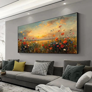 Liam O'Connell oil painting of a colorful wildflower field at sunset, displayed above a sofa for home decor.