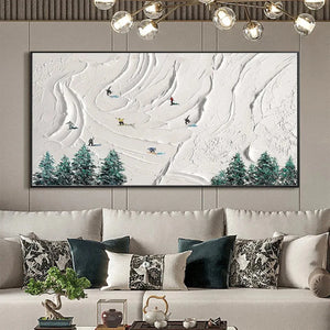 Textured minimalist impasto painting: Snowy Peaks with skiers, white mountain, green pines.