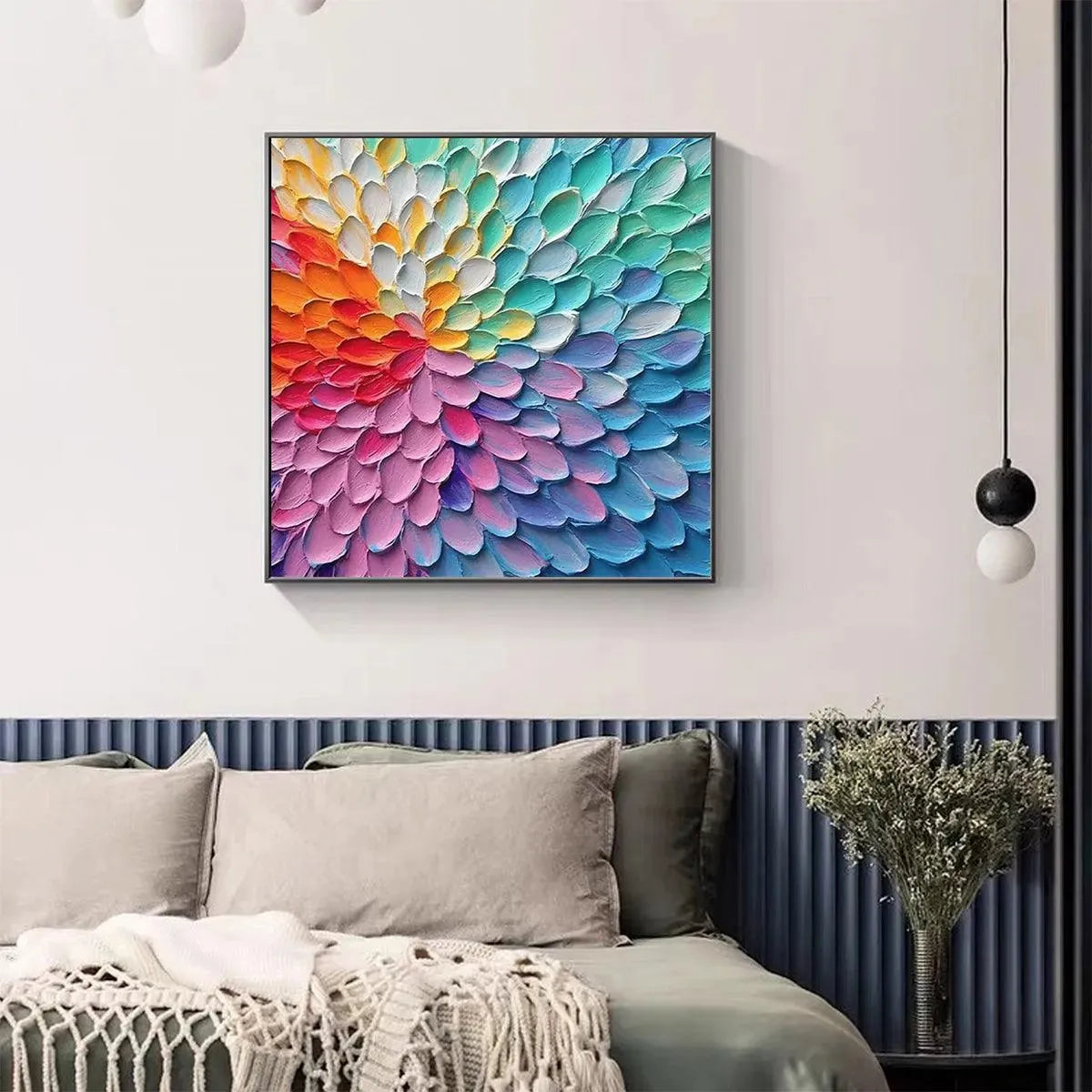 Rainbow Burst painting by Isabella Rossi. Textured impasto art in rainbow colors, square canvas.