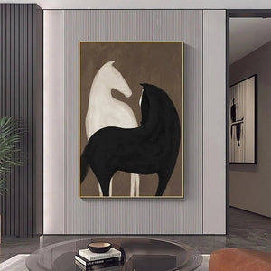 Javier Ramirez 'Two Horses on Brown' minimalist art. Black and white horses on brown background, framed.