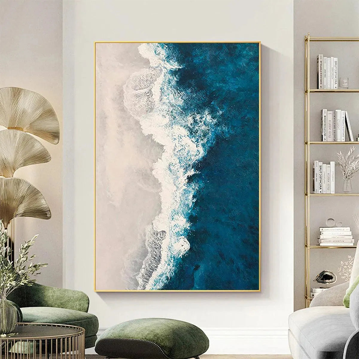 AZURE COAST abstract painting: vertical, deep blue waves on beige shore, gold frame, living room art.