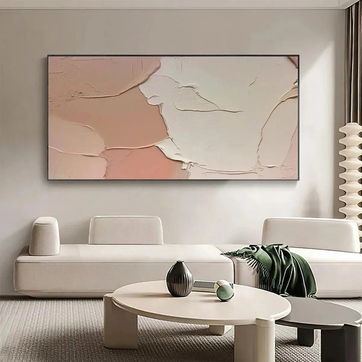 Liam O'Connell Nude Abstract textured painting in peach and cream, displayed above a white sofa in living room setting.