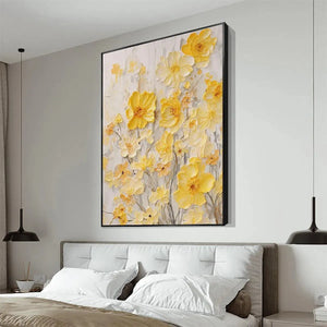 Golden Sunflowers textured impasto painting with yellow blooms in a black frame, styled in a modern bedroom.