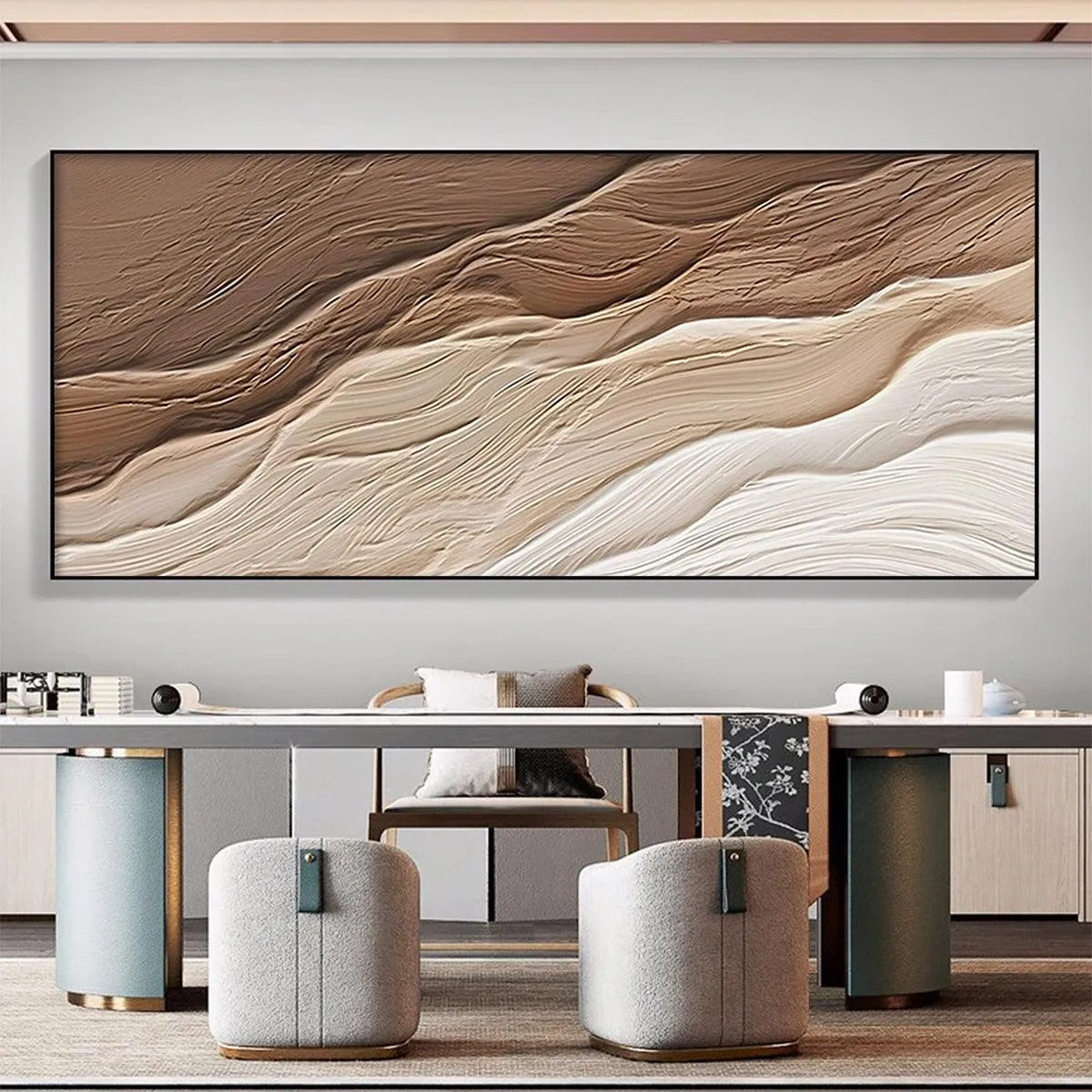 Textured abstract landscape painting 'Desert Flow' in brown and beige with prominent wavy lines.