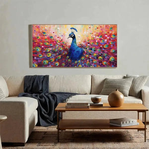 Vibrant oil painting of a peacock with fanned tail, displayed in a modern living room above a sofa. Artwork by Willow Davies.