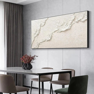White Crest: textured abstract impasto painting of white waves by Isabella Rossi, horizontal, styled in dining room.