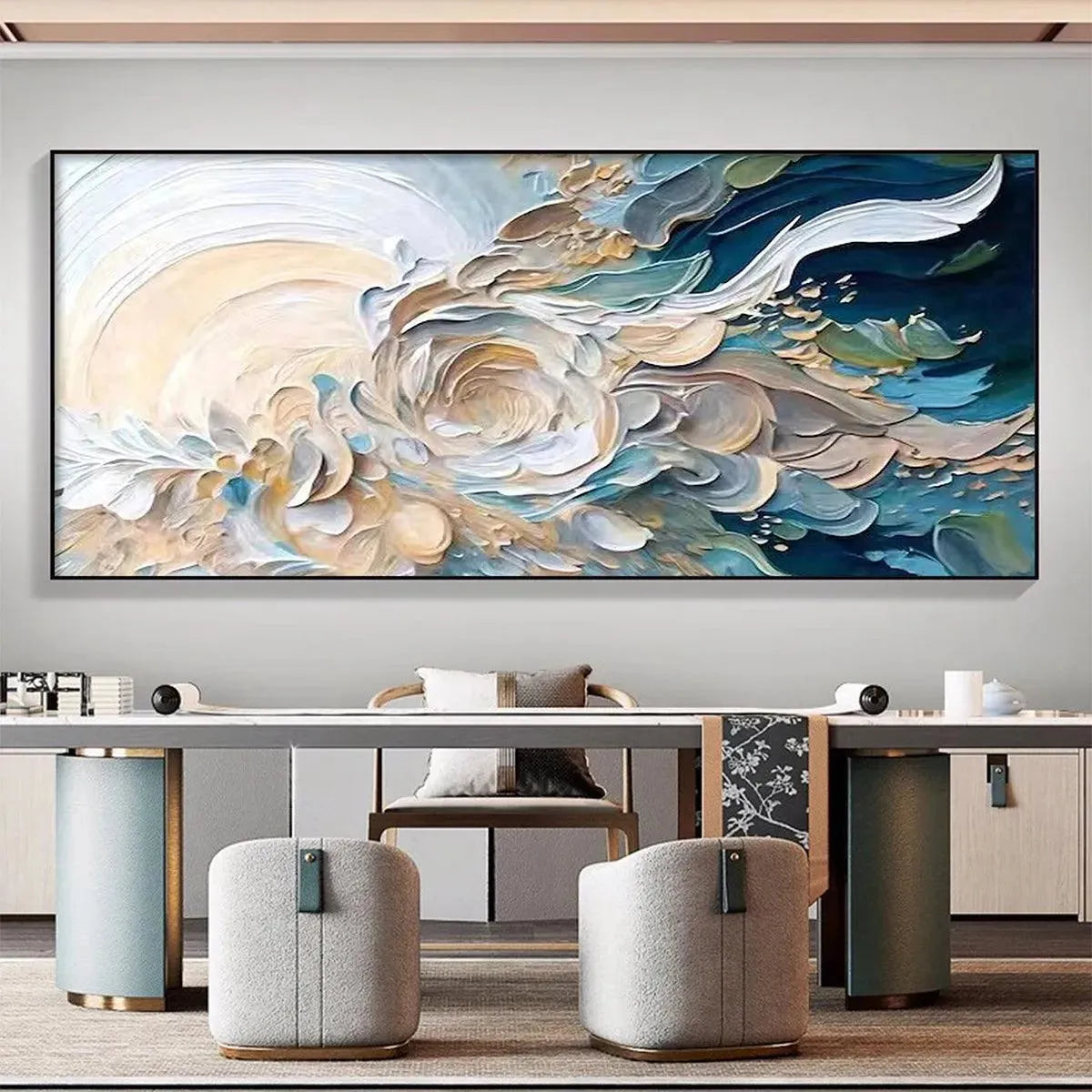 Oceanic Bloom textured impasto painting: abstract floral art in blue, beige, and gold, showcasing thick brushstrokes.
