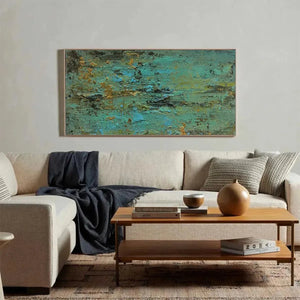 GOLDEN TIDE textured teal and gold abstract painting by Willow Davies, horizontal canvas art in living room.