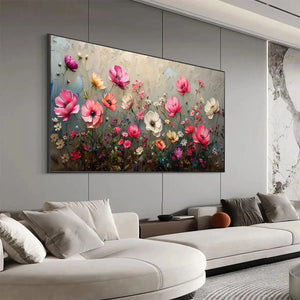 SUMMER BLOOM: Textured impasto painting of pink and white flowers on a grey background, displayed in a modern living room.