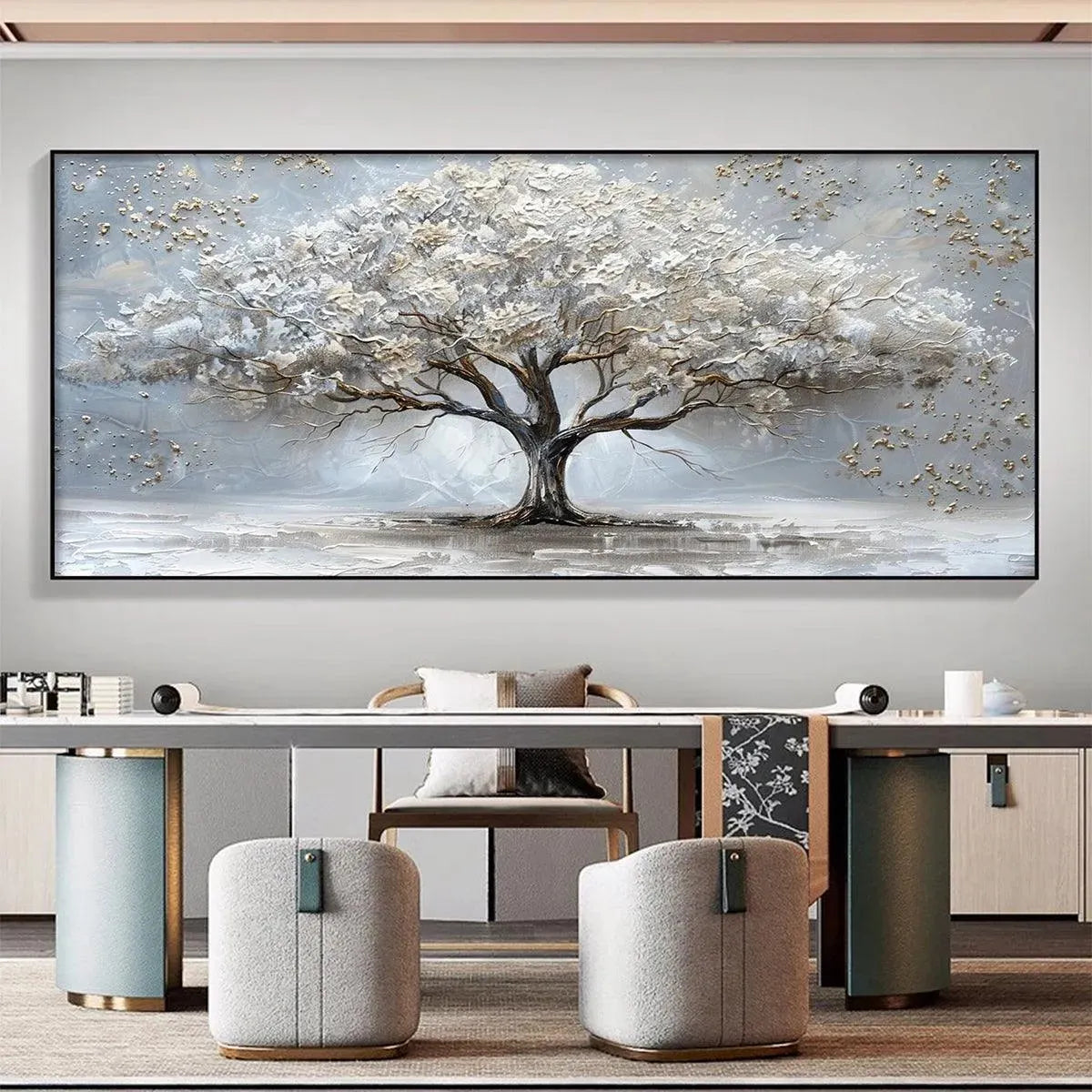 Textured white and gold tree painting, impasto, Wabi Sabi style, grey background.