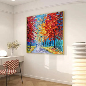 Large 'Autumn Walk' impasto painting of couple in a colorful autumn forest, enhancing a modern living space.