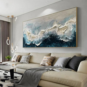 Liam O'Connell's FROZEN MOTION waterscape painting. Textured teal, white, and blue abstract art, framed for home decor.